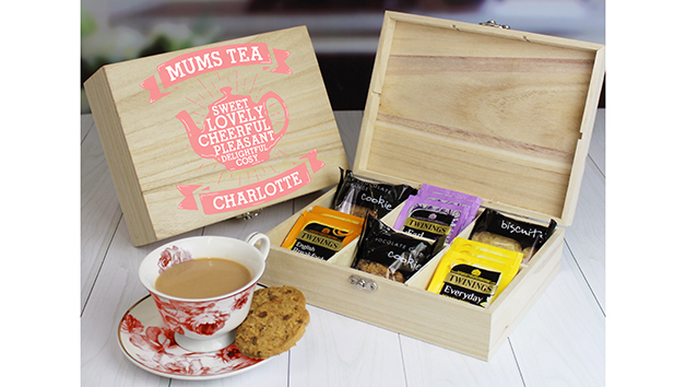Wooden Tea Chest with Twinings Tea and Biscuits for Mum Wooden Tea Chest with Twinings Tea and Biscuits for Mum