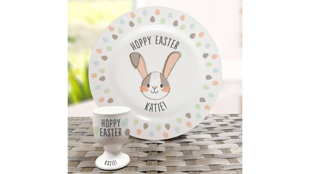 Hoppy Easter Personalised Bone China Plate and Egg Cup Hoppy Easter Personalised Bone China Plate and Egg Cup