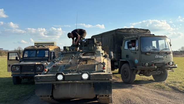 Tank, Army Truck and Armoured Landrover Driving for One picture