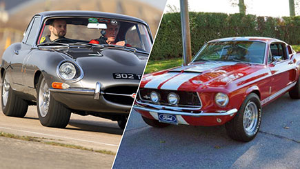 E Type Jaguar Versus Classic Mustang Driving