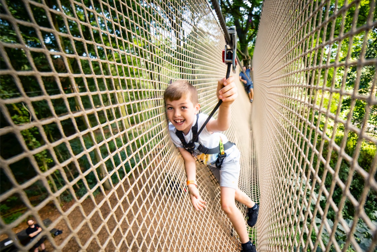 Young boy on tree high ropes adventure course